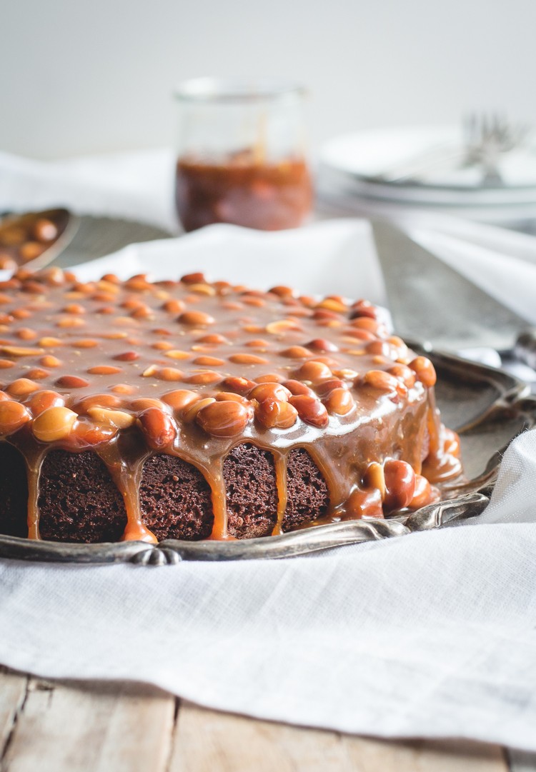 Brownie Cake with Salted Caramel + Peanuts